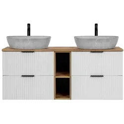 Lomadox Waschtisch ADELAIDE-56-WHITE, 140 cm, Weiß mit Eiche Nb. - Moderner Badezimmerwaschtisch mit elegantem Keramik-Aufsatzbecken in Betonoptik. Ideal für Selbstmontage, bietet stilvolle Aufbewahrung und eine praktische Armaturposition.