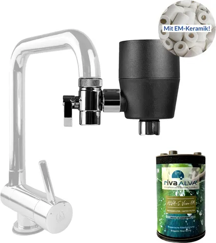 rivaALVA-S Viva Wasserfilter am Wasserhahn - Schwarz - Praktischer Wasserfilter für gängige Armaturen mit M22-Gewinde. Bietet eine einfache Umstellung auf gefiltertes Wasser und sorgt für reines Trinkwasser ohne erdölbasierte Kunststoffe.