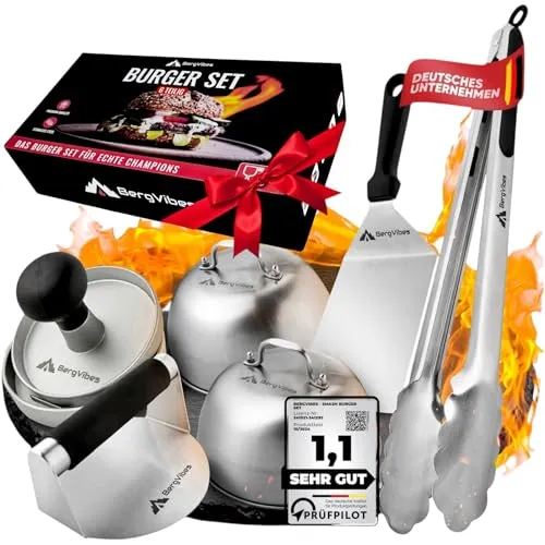 BERGVIBES Burger Smasher, Smash Burger Set 6 TLG. aus Edelstahl, Smash Burgerpresse,2 x Burgerhaube, Alu Burgerpresse, Plancher Spachtel, Smashed Burger Presse,Grillzange, Smasher, Plancha zubehör,