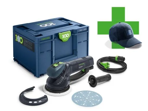 Festool Getriebe-Exzenterschleifer ROTEX RO 150 FEQ-Plus 100Y - Schleifmaschine mit 3-in-1-Prinzip: Grob-, Feinschleifen und Polieren. Werkzeugloser Schleiftellerwechsel und ergonomisches Design für optimale Handhabung.