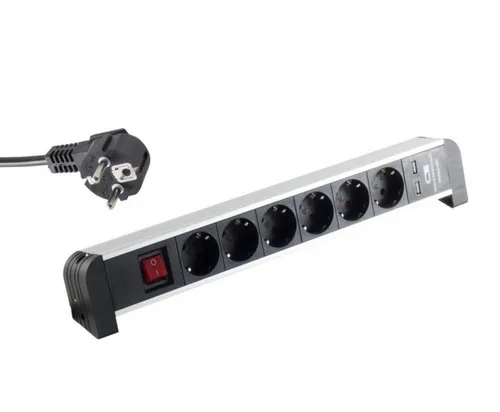 Tischsteckdosenleiste 6-fach mit USB Ladefunktion - Steckdosen & Zubehör - 6-fach Tischsteckdosenleiste aus Aluminium mit 2 USB-Anschlüssen für schnelles Laden, ideal für Büros und Home Offices.