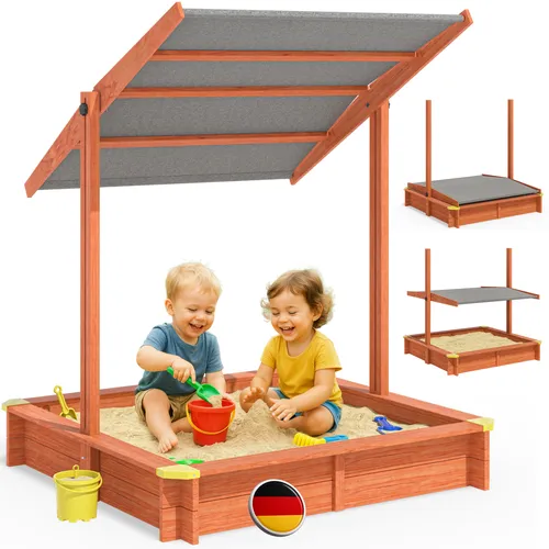Spielwerk® Sandkasten Sami mit Sonnendach 120x120cm - Sandboxen mit neigbarem UV 50+ Sonnendach für optimalen Schutz vor Sonne und Regen. Hergestellt aus imprägniertem Holz, sofort einsatzbereit und sicher mit Kantenschutz.