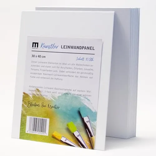 Künstler-Leinwand dünn 30x40cm - 10er Set für kreative Projekte - Leere, weiße Leinwand-Panel aus 100% Baumwolle, ideal für Acryl- und Ölfarben. 2-fach grundiert auf 3mm starkem Malkarton – perfekt für Maler aller Niveaus und unterwegs.