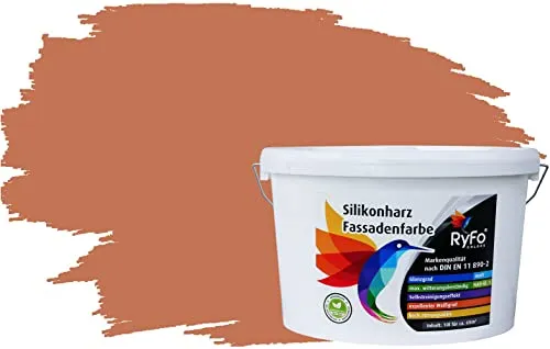 RyFo Colors Silikonharz Fassadenfarbe Terracotta 10l - Premium Fassadenfarbe mit Lotuseffekt für perfekte Ergebnisse. Höchste Deckkraft und Farbbrillanz, ideal für Fassaden und Sockel. Ergiebigkeit: bis zu 6m² pro Liter. Schnell trocknend und füllend.