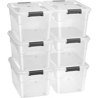 Juskys Aufbewahrungsbox mit Deckel - 6er Set Kunststoff Boxen 45l - Aschesauger: 6 große, stapelbare Boxen mit 45l Volumen, ideal zur Aufbewahrung von Kleidung, Spielzeug und mehr, transparent für schnellen Überblick.
