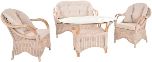 Krines Home Sitzgruppe Set 92/B Toast Weiss – 4-teiliges Rattanmöbel-Set - Elegante 4-teilige Sitzgruppe mit 2 Sesseln, einem Zweisitzer und einem Tisch mit Glasplatte. Ideal für entspannte Stunden im Freien – robust und stilvoll zugleich.
