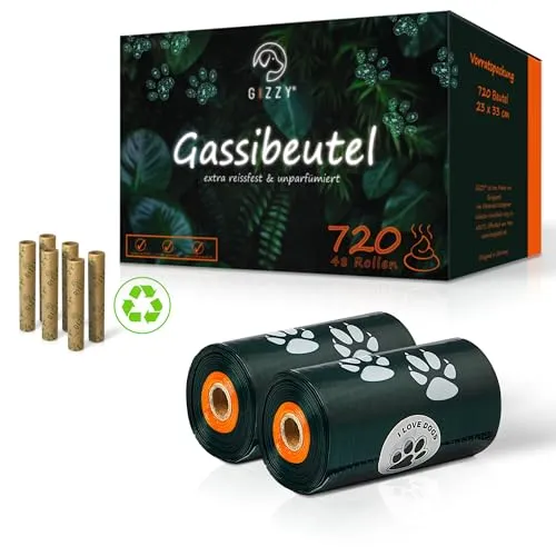 GIZZY® 720x Hundekotbeutel | 48x Rollen I recyceltes PE (Pre-Consumer) I Reißfest & Auslaufsicher I Ohne Duft I Kotbeutel für Hunde