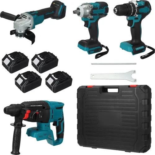 Drillpro 4-in-1 Elektrowerkzeug-Set - Schlagschrauber, Winkelschleifer, Bohrmaschine und Bohrhammer in einem Set. Mit 800Nm Drehmoment und bürstenlosem Motor für effizientes Arbeiten ohne Funken. Ideal für Baustellen und Heimwerkerprojekte.