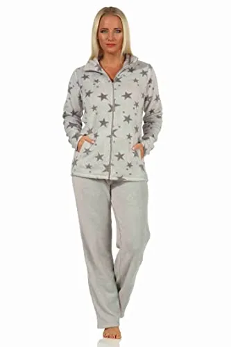 NORMANN-Wäschefabrik Damen Coralfleece Hausanzug mit Sternenmotiv - Größe 44/46, grau - Kuscheliger Coralfleece Hausanzug mit stylischem Sternenmotiv. Ideal für kalte Tage als Loungewear oder Freizeitanzug. Bequeme Passform und 100% Polyester - geprüft nach ÖKOTEX STANDARD 100 für unbedenkliche Textilien.