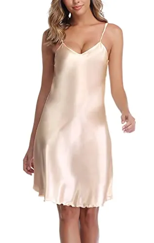 Vlazom Damen Nachthemd Satin Sexy Negligee Unterkleid mit Spaghettiträger V Ausschnitt Nachtkleid für Frauen(L,Stil A-Champagner)