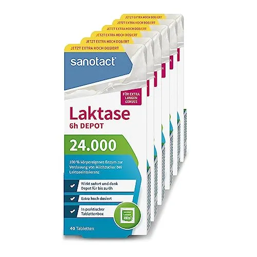 sanotact Laktase 24.000 DEPOT Tabletten (6 x 40 Stück) - Hochdosierte Laktase-Tabletten mit Depot-Wirkung für die Unterstützung der Verdauung bei Laktoseunverträglichkeit. Praktisch für unterwegs und mit sofortiger sowie langanhaltender Wirkung.