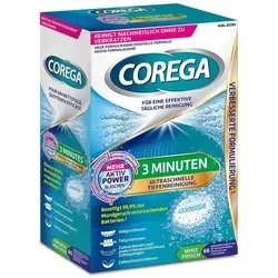 Corega Tabs 3 Minuten – Schnelle Reinigung für Zahnersatz - Effektive Reinigungstabletten für Voll- und Teilprothesen. Corega Tabs 3 Minuten bieten eine ultraschnelle Tiefenreinigung in nur 3 Minuten und sind sanft zu Zahnersatz.