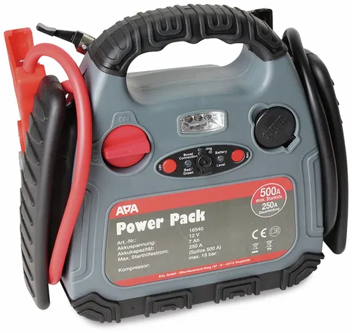 APA Starthilfegerät Power Pack 16540, 12V, 500A - 3-in-1 Starthilfegerät, Kompressor und Lampe mit 500A Spitzenstrom. Ideal für Auto, Boot und Motorrad. Ausgestattet mit Ladezustandsanzeige und Sicherheitsfunktionen.