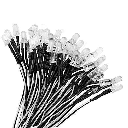 YIXISI 50 Stück 5 mm LED-Dioden Licht, ultrahell, 12 V, 20 cm, vorverdrahtet, kaltweiß