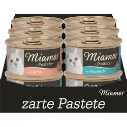 Miamor Pastete Dose Multipack 60x85g | Fisch - Katzenfutter in Dosen, zarte Pastete mit ausgewogenem Magnesiumverhältnis, ideal für verwöhnte Katzen. Multibox mit 3 Sorten: Lachs, Thunfisch und Forelle, ohne Farbstoffe und Getreide.