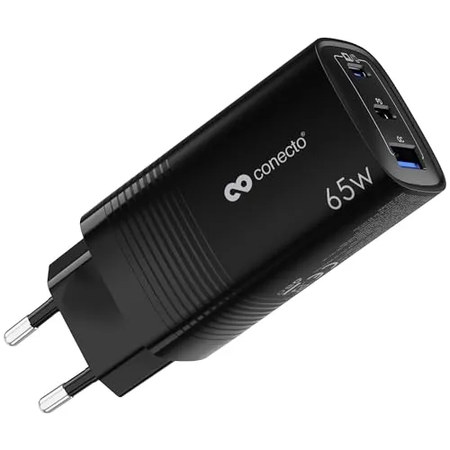 conecto USB C Ladegerät, 3 Port Mehrfach Adapter, Netzteil 65 Watt Schnellladegerät kompatibel mit Apple iPhone 15, Samsung, Tablet, Laptop UVM, GaN QC PD Charger, Schwarz