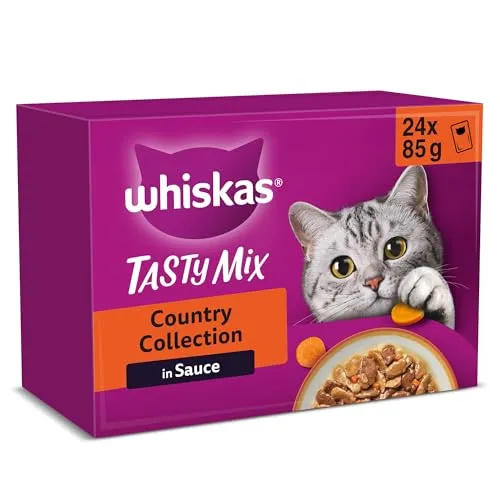 Whiskas 1+ Katzenfutter Tasty Mix Country Collection in Sauce, 24x85g – Leckere Vielfalt für Katzen - Leckeres Nassfutter mit vier köstlichen Rezepturen, das alle notwendigen Nährstoffe für ein glückliches Katzenleben bietet. Ideal für ausgewachsene Katzen in praktischen Portionsbeuteln.
