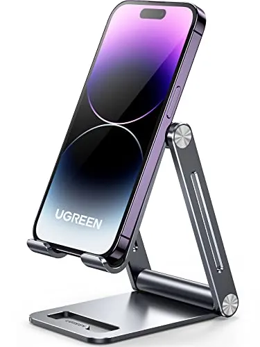 UGREEN Foldable Multi-Angle Handy Halterung grau 80708 - Handy-Ständer für 4 bis 7,9 Zoll Geräte, winkelverstellbar und aus robustem Metall, ideal für unterwegs dank flacher Klappbarkeit.