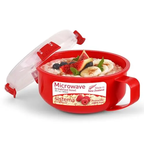 Sistema Microwave Frühstücksschale | 850 ml | Runder mikrowellenfeste Frischhaltedose mit Deckel | 850 ml | BPA-frei | rot