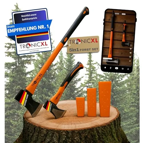 TronicXL Spaltaxt Set für Holz - Profi Axt mit Fällkeilen - Äxte Set bestehend aus 600g Spaltbeil und 2000g Fällaxt, ideal für professionelle Spalt- und Fällarbeiten. Inklusive 3 rutschfester Fällkeile für effizientes Arbeiten im Forst, Camping und Outdoor.