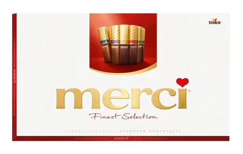 Merci Schokolade, Merci Finest Selection 400g 8er Pack - Vielfältige Schokoladensorten in einer eleganten Geschenkverpackung – ideal für besondere Anlässe oder als liebevolles Dankeschön. Genießen Sie die exquisite Auswahl von Merci Finest Selection!