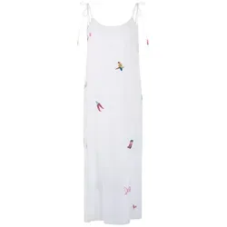 Marc Cain Sommerkleid - Ärmelloses Midikleid aus Ramie mit bunten Stickereipatches im Desert Fiesta-Stil. Eleganter Zierstich am Halsausschnitt und Saum, ergänzt durch einen verspielten Volant. Ideal für fröhliche Sommeroutfits.