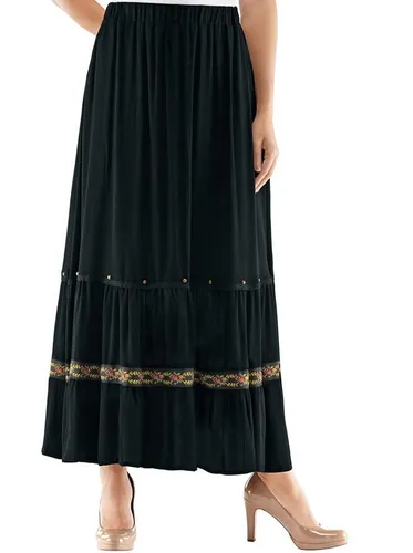 creation L A-Linien-Rock - Extravaganter A-Linien-Rock in schwingender Stufenform. Mit Zierplättchen und Bändern verziert, bietet er zwei praktische Taschen und eine bequeme elastische Bundlösung. Pflegeleichte Crinkle-Qualität für jeden Anlass.