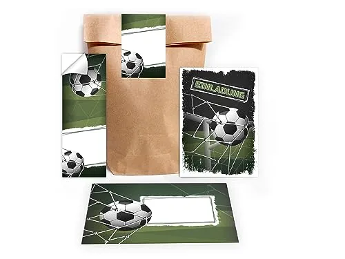 Limonia 12 Einladungskarten zum Kindergeburtstag Einladung Geburtstag Mädchen Kinder Jungs Jungen Boys Fussball Turnier incl. 12 Umschläge, 12 Tüten, 12 Aufkleber schwarz
