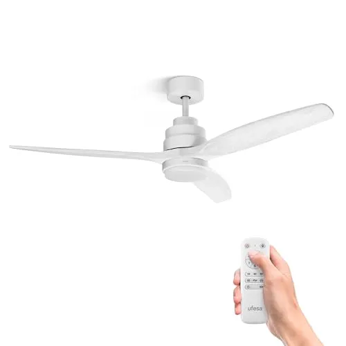 Ufesa Deckenventilator mit Licht LED, 40W, 6 Geschwindigkeiten, Ultra Silent, 3 Flügel Naturholz 132cm, Sommer - Winter Funktion, Timer 8h, 3 Stufen Licht, Fernbedienung, Weiß