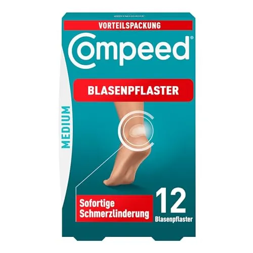 Compeed Blasenpflaster Medium Vorteilspack – 12 Hydrokolloid-Pflaster für Fersen - Erste-Hilfe-Heftpflaster & Verbandsmaterial: Extra dicke Polster bieten sofortige Schmerz- und Drucklinderung, fördern schnelle Wundheilung und sind wasserabweisend.