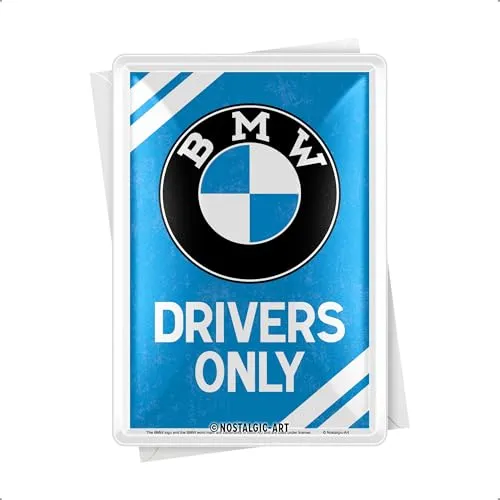 Nostalgic-Art 10308 Retro Grußkarte, BMW Drivers Only – Geschenk-Idee für Auto Zubehör Fans, Blechpostkarte, Mini-Blechschild im Vintage-Design, 10 x 14 cm