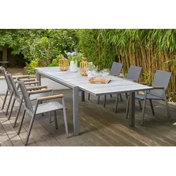 SIENA GARDEN Gomera II/Kingston Garten-Essgruppe, matt graphit/grau/wood look, Alu/Teak/Keramik/Texfabric, Tisch 220/340x108 cm, 6 Stapelsessel