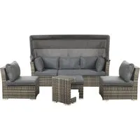 BELIANI Lounge Set Taupe mit Grauen Auflagen - 5-teiliges Modular Polyrattan für Garten und Terrasse - Modulares 5-teiliges Gartensofa mit witterungsbeständigem Polyrattan und gemütlichen Kissen. Ideal für jede Feierlichkeit, flexibel aufstellbar und bietet Platz für bis zu 6 Personen.