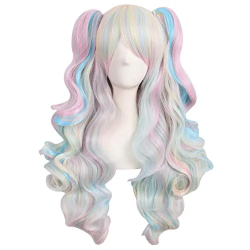 MapofBeauty farbige Lolita lange lockige geheftet auf Pferdeschwanz Cosplay Perücke (rosa/blau/blond)