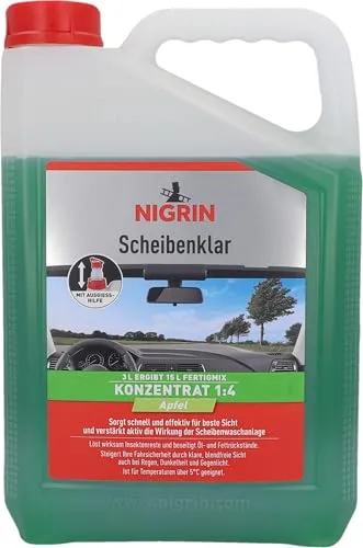 NIGRIN Scheibenklar Konzentrat 1:4 Apfel | 3 Liter | Reinigungszusatz für Autoscheiben und Scheinwerfer | integrierte Ausgießhilfe | entfernt Insekten, Fett | schlierenfrei | sehr ergiebig | ab 5°C