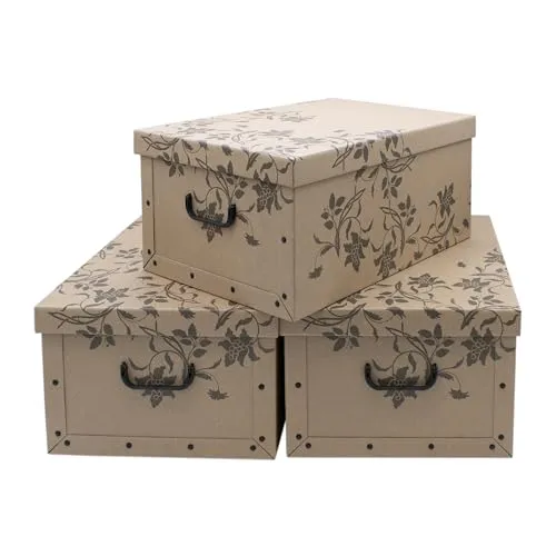 Spetebo 3er Set Aufbewahrungsbox mit Deckel 51 x 37 cm - Braun mit Blumenmuster - Stapelbox aus Pappe mit Griffen 45 Liter - Organizer Storage Box Allzweck Spielzeug Kiste Geschenk Karton stapelbar