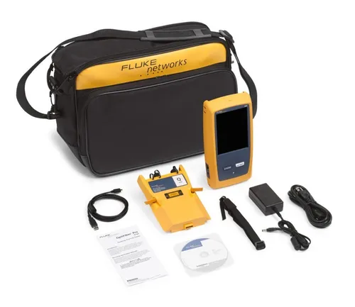 Fluke Networks OptiFiber Pro Quad OFP2-100-Q INT - Kommunikationstechnik mit Touchscreen, ideal für präzise LWL-Messungen. Inklusive WiFi-Adapter und Messkopf für effiziente Netzwerkanalysen.