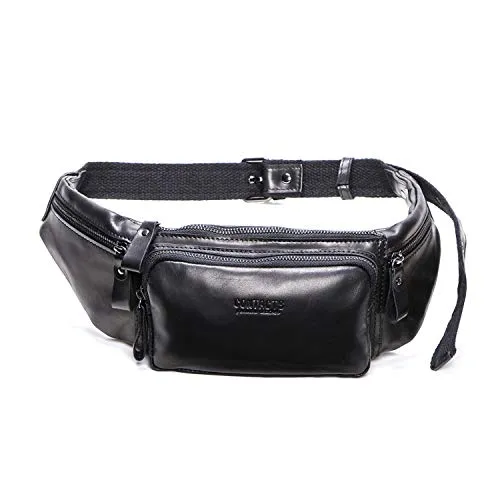 FANDARE Gürteltasche Bauchtasche Brusttasche Herren Sling Bag wasserdichte Geeignet Hüfttasche Junge Umhängetasche Leder für Joggen Wandern Radfahren Reisen Schwarz