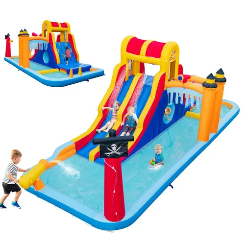 Costway Hüpfburg - Mehrfarbige Wasserabenteuer für Kinder - Spielplätze: Aufregende Hüpfburg mit Kletterwand und zwei Rutschen für unvergessliche Wasserabenteuer, ideal für bis zu drei Kinder von 3 bis 10 Jahren.