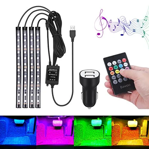 Auto Innenbeleuchtung LED Atmosphäre Licht, Bawoo 48 Streifen Leuchten Innenraumbeleuchtung USB-Port Lichtleiste mit Fernbedienung