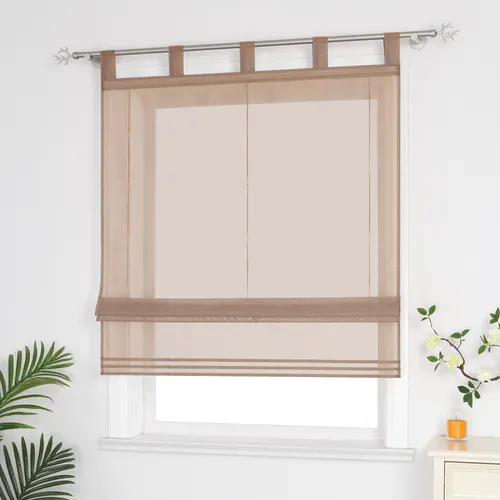 Delien Raffrollo mit Schlaufen in Braun – Modernes Voile für Küche und Wohnzimmer - Elegantes Raffrollo aus 100% Polyester, das sanftes Licht filtert und eine gemütliche Atmosphäre schafft. Ideal für Wohn- und Essbereiche. Einfache Aufhängung durch Schlaufen.