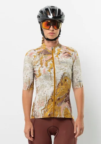 Fahrradjacke JACK WOLFSKIN "GRAVEX PRINTED FZ S/S W" in Größe XXL - Funktionsjacke aus atmungsaktivem TEXADRI STRETCH-Gewebe, ideal für sportliche Aktivitäten mit drei Rückentaschen und reflektierenden Details.