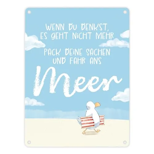 Möwe Metallschild in 15x20 cm mit Spruch Fahr ans Meer Strandliebe Nordlicht - Dein Urlaub im Norden beginnt mit Meer-Feeling Zuhause