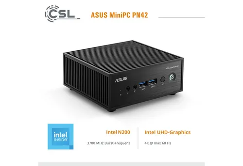 ASUS PN42 Mini PC mit Windows 11 Pro - Kompakter PC mit Intel N200, 32 GB RAM und 2000 GB SSD. Lüfterlos für geräuschlosen Betrieb, ideal für Home & Business. Unterstützt bis zu drei Displays für effizientes Multitasking.