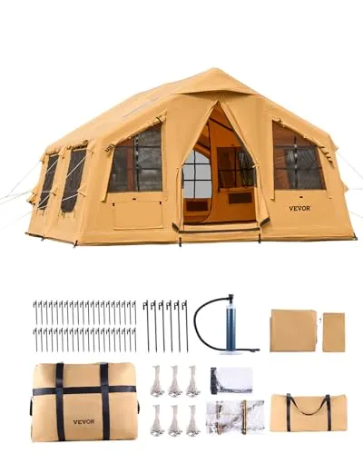 VEVOR Aufblasbares Zelt für Camping 8-12 Personen - Geräumiges Glamping-Zelt für 8-12 Personen mit Handpumpe, 2 Oberlichtern und Ofenanschluss – ideal für komfortables Camping und ganzjährige Nutzung.