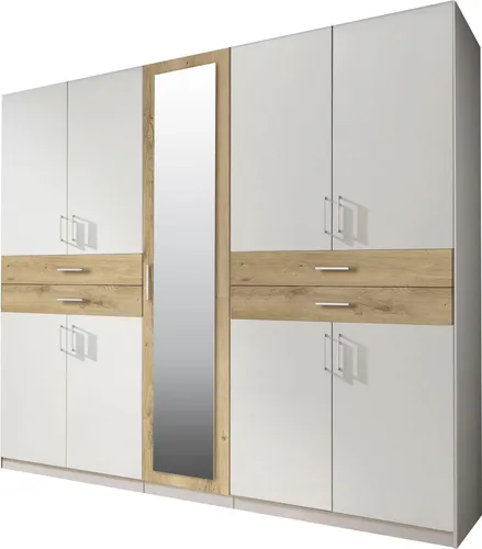 Wimex Taiga Kleiderschrank mit Spiegel - Kleiderschrank in Weiß-Plankeneiche, ausgestattet mit 4 variablen Einlegeböden und 2 Kleiderstangen, ideal für optimalen Stauraum in Ihrem Schlafzimmer.