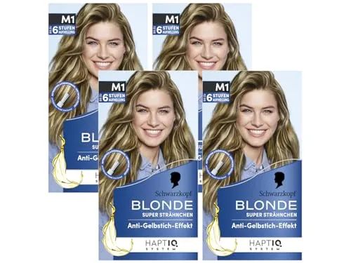 Schwarzkopf Blonde M1 Super Strähnchen (4x 103 ml), Strähnchen Set für Öl-aktiviertes Haare Aufhellen mit HaptIQ System, bis zu 6 Stufen aufhellen für sonnengeküsste Strähnchen