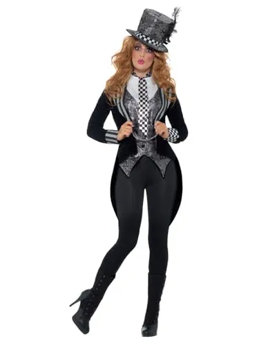 Smiffys Deluxe Dunkle-Hutmacherin-Kostüm, Schwarz - Elegantes Kostüm für Damen, inkl. Jacke, Weste, Fliege und Hut. Ideal für Karneval, Halloween oder Themenpartys. Bequemes Tragegefühl dank elastischem Material. Größe 36-38.