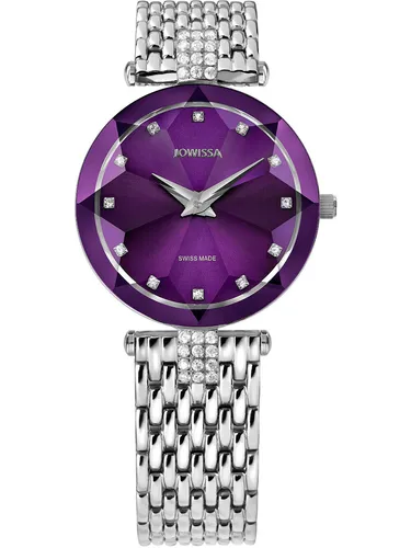 JOWISSA Quarzuhr J5.702.M Facet Strass 29mm - Elegante Damenuhr mit violettem Zifferblatt und strahlenden Strasssteinen, wasserdicht bis 5ATM und Swiss Made - ideal für stilbewusste Frauen.