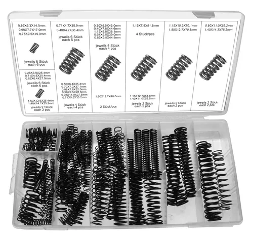 Druckfedern Sortiment 114-tlg. - Spiralfedern aus Federstahl - Mechanische Druckfedern, 114-tlg. Sortiment in 29 Größen, ideal für Werkstatt und Heimwerker. Hochwertige Verarbeitung und praktische Klarsichtbox für einfache Aufbewahrung.